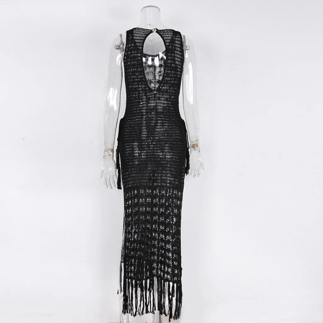 S- XL Sexy Hollow Out Fringe Tassel Knitted Crochet Tunic Beach Cover Up Cover-ups Beach Dress Beach Wear Beachwear Female V3800
