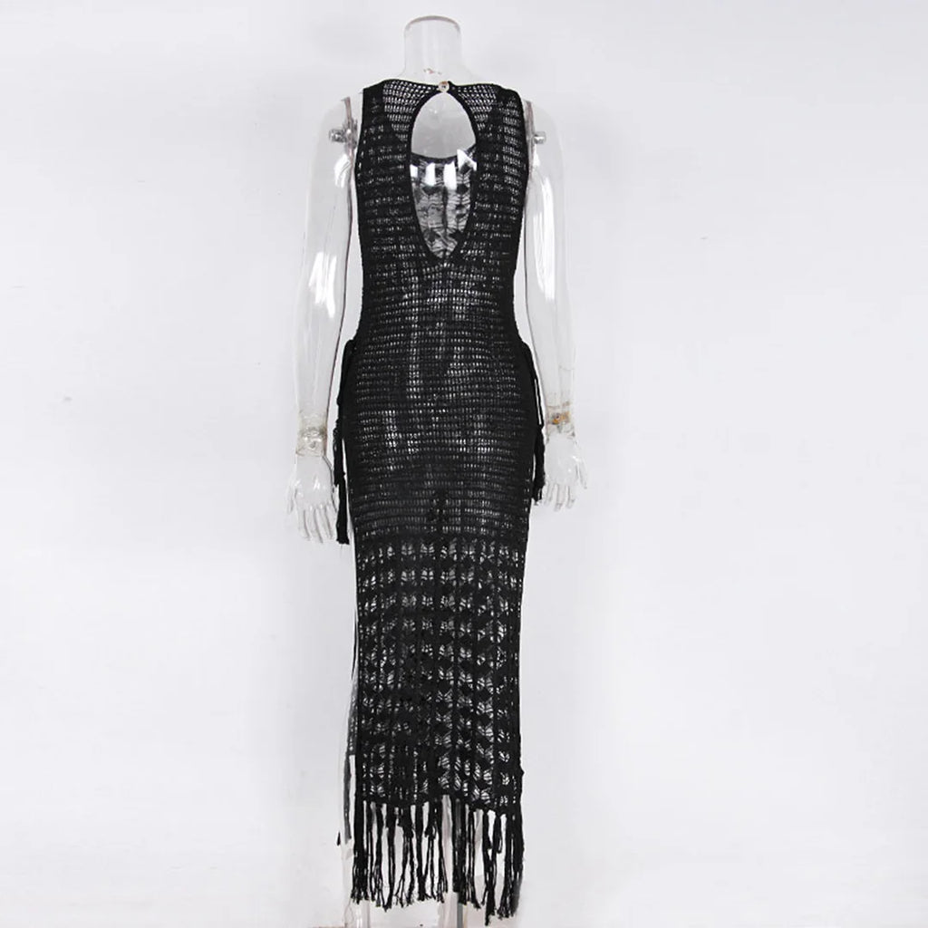 S-XL Sexy Hollow Out Fringe Tassel Knitted Crochet Tunic Beach Cover Up Cover-ups Beach Dress Beach Wear Beachwear Female V3800C