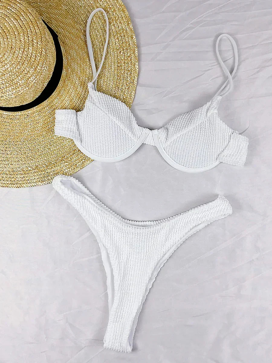 Wrinkled Underwired V-Bar Bikini Swimsuit Female Swimwear Women Two-pieces Bikini set High Cut Bather Bathing Suit Swim Lady