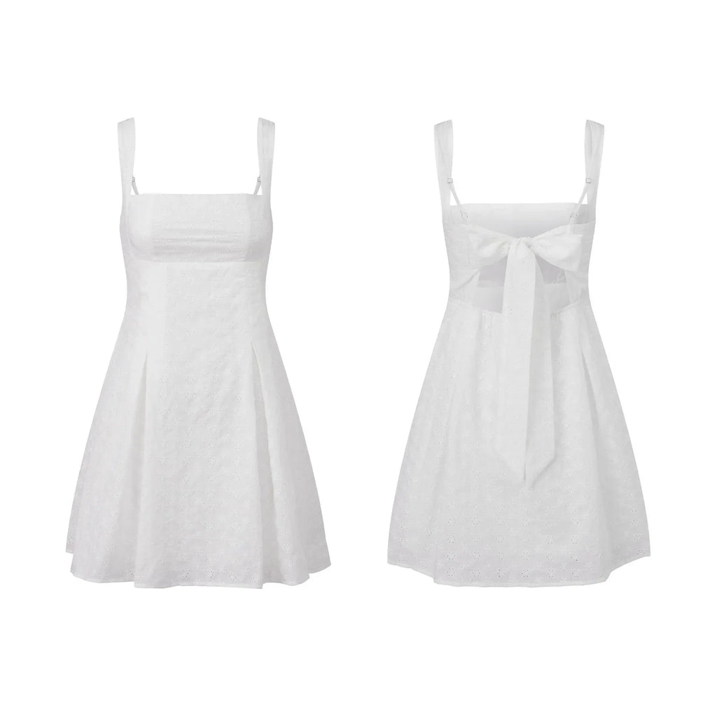 2026 Summer Women's Floral Eyelet White Cami Dress Sleeveless Square Neck A-line Dress Beach Bohemian Retro Sundress