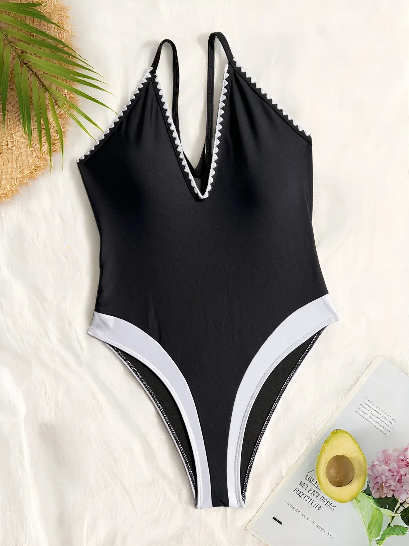 sexy deep v-neck swimsuit one piece black white patchwork bikinis backless hollow bikini thong bathing suits Swimwear Biquini