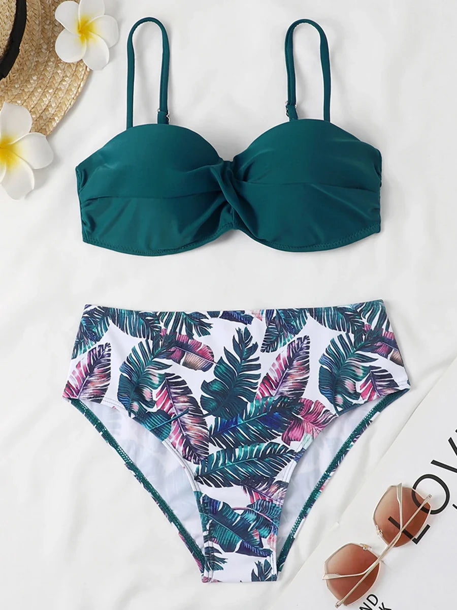 2026 Bandeau Swimsuit Women High Waist Bikini Printed Swimwear Female Padded Bathers Bathing Swimming Swim Suit Beachwear