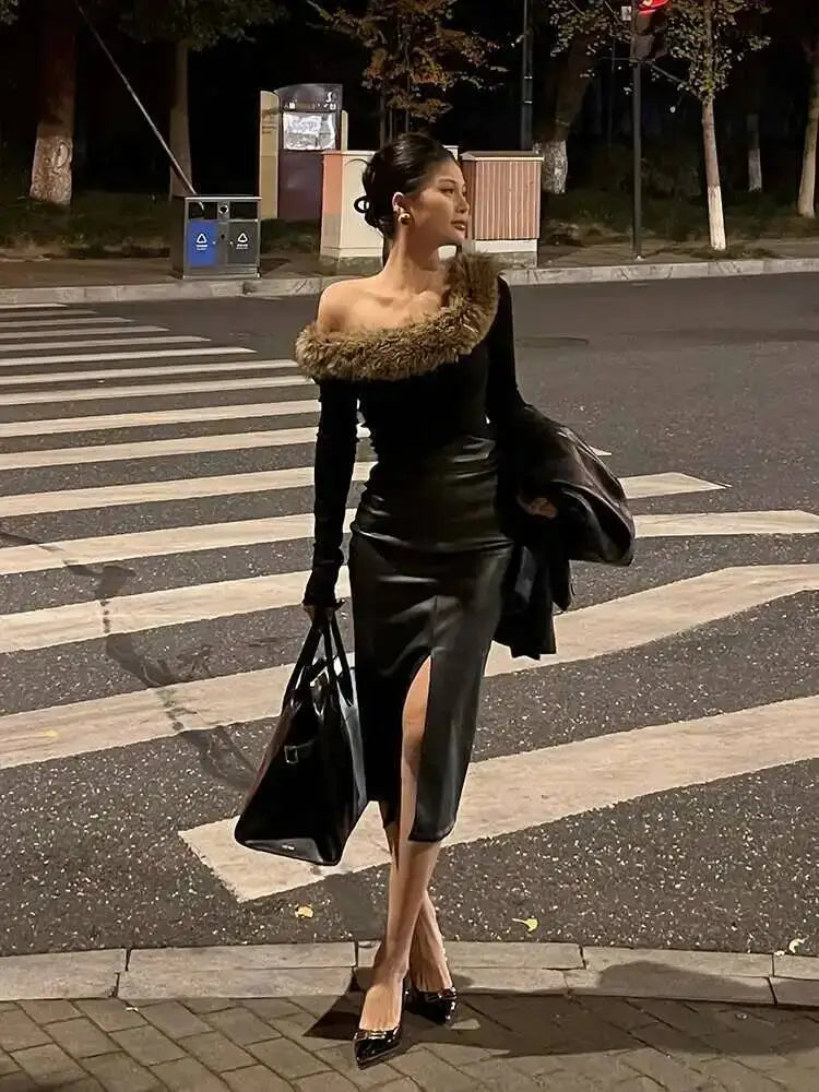 Sexy One Step Split PU Leather Half Skirt For Women's New High Waisted Slim Streetwear Black PU Fashion Womne Mini Dress  YTM8
