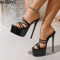 Summer Nightclub Round Toe Peep toe 16cm Extreme Platform High Heels Slippers Ladies Sexy Model Strap Sandals Mules Slides Shoes