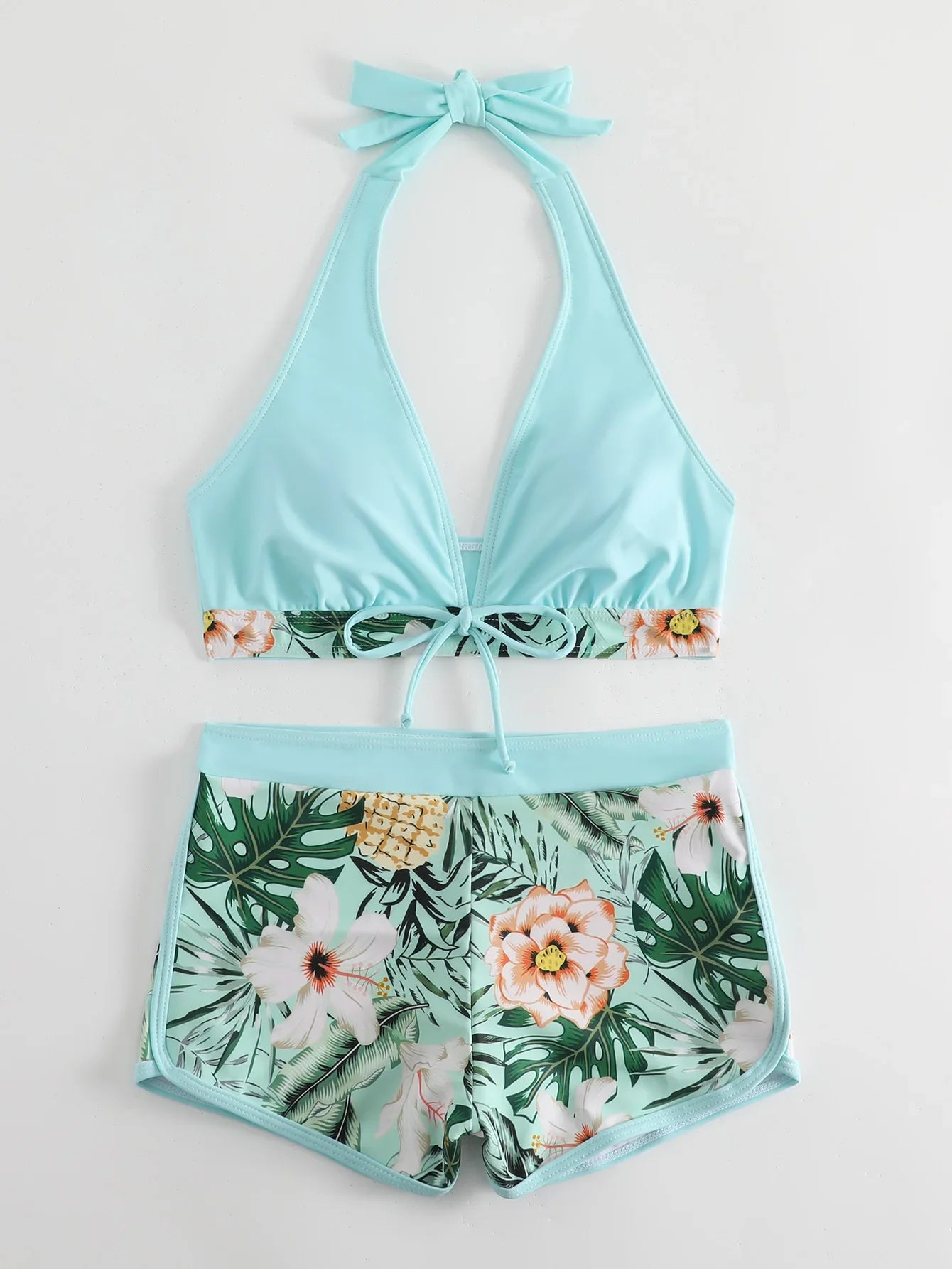 2026 Summer Women's Print Patchwork Swimsuit Sexy Deep V Neck Back Lace-up Swimwear High Waist Shorts Tankini Bathing Suit Beach