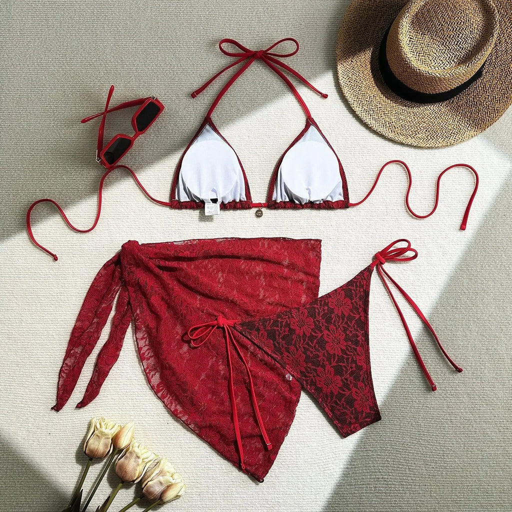 Sexy Lace Micro Mini String Halter Bikinis Sets 3pcs with Cover Skirt Black and Red 2 Color Swimwear Swimsuit Bathing Suit
