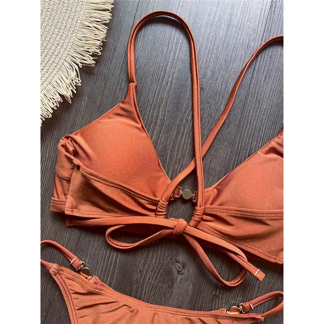 7 Colors New Cross Back Bikini Female Swimsuit Women Swimwear Two-pieces Bikini set High Leg Cut Bather Bathing Suit Swim V8252