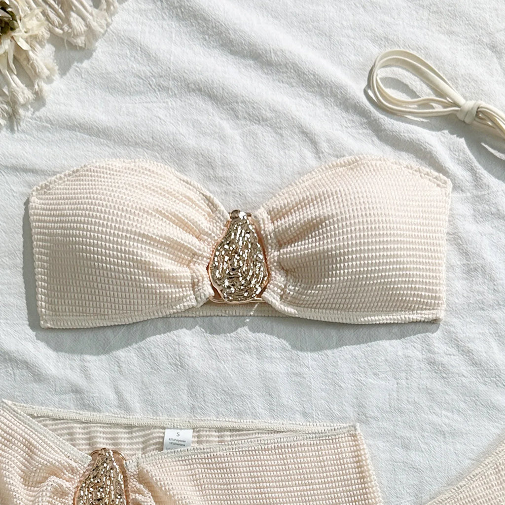With Skirt Wrinkled Bandeau Bikini Female Swimsuit Women Swimwear Three-pieces Bikini Set Metal Ring Bathing Suit Swim Beachwear