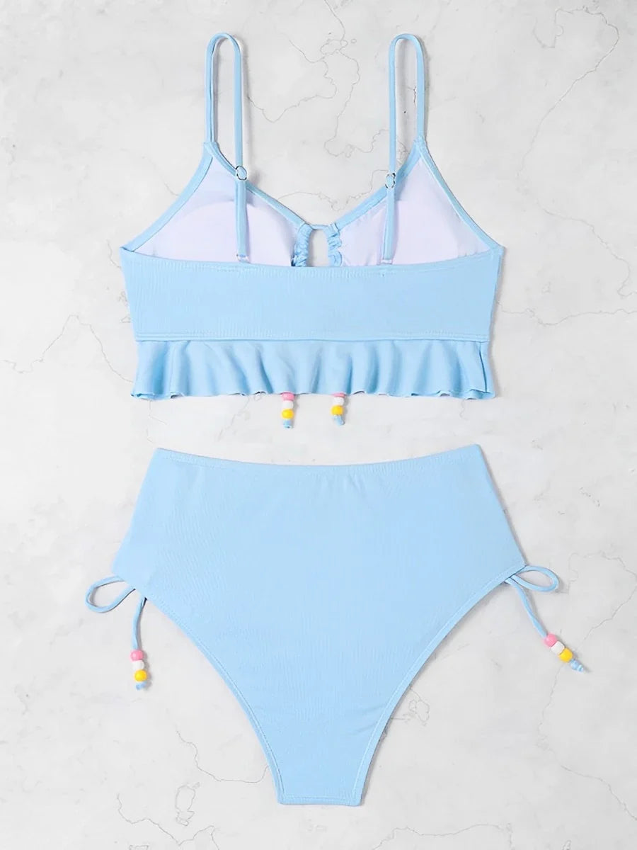 2026 High Waist Bikini Women Drawstring Swimwear Female Ruffle Swimsuit Solid Bathers Bathing Swimming Swim Suit Beachwear