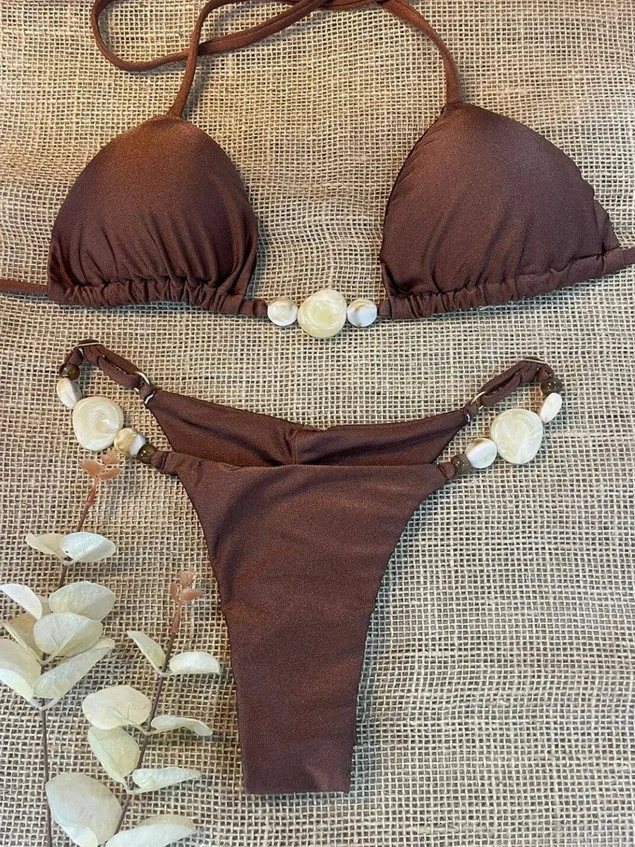 Shiny Halter High Leg Cut Beads Bikini Women Swimwear Female Swimsuit Two-pieces Bikini Set Padded Bather Bathing Suit Swim Lady