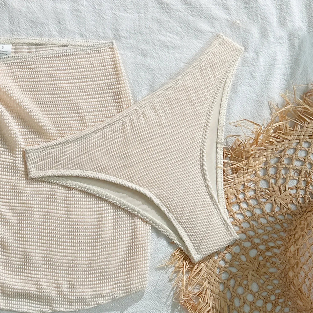With Skirt Wrinkled Bandeau Bikini Female Swimsuit Women Swimwear Three-pieces Bikini Set Metal Ring Bathing Suit Swim Beachwear