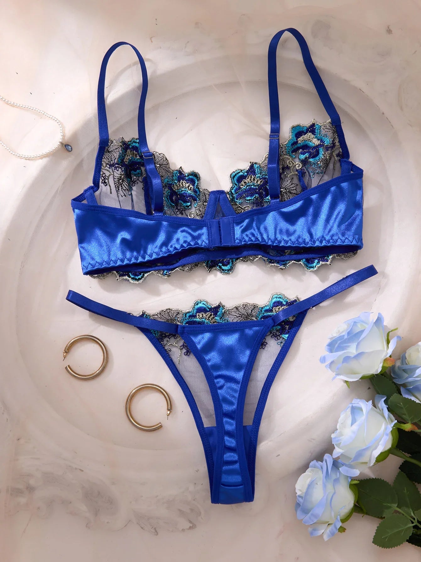 Luxury-Style Blue Floral Embroidery Underwear Set-See-through Mesh Half-CupBra-French Elegant and Sexy Women Underwear ZA825146