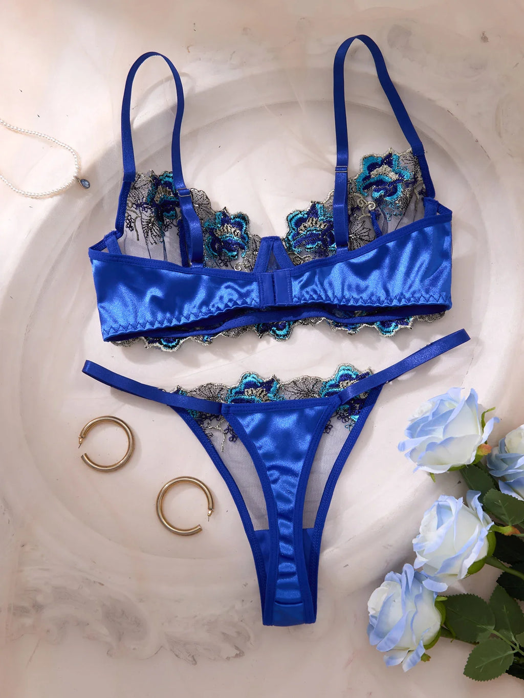 Royal Blue Floral Embroidery Satin Mesh Lingerie Set Underwire Bra With Matching Thong Women Sexy Intimates ZA825146