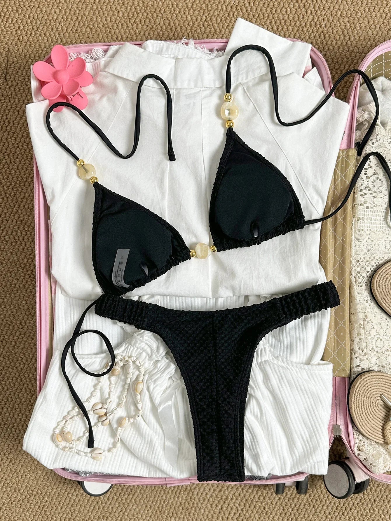 Wrinkled Crinkled Halter Beads Bikini Female Swimsuit Women Swimwear Two-pieces Bikini Set Brazilian Bather Bathing Suit Swim