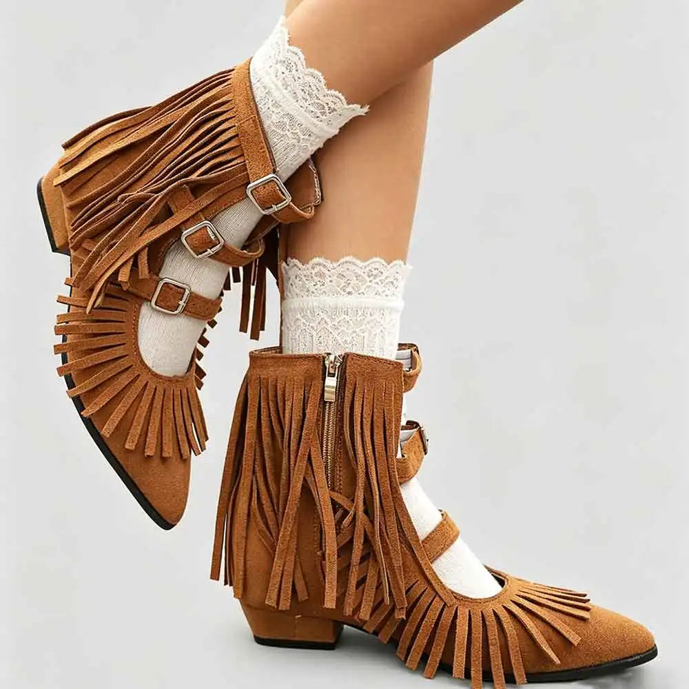 Women's Vintage Fringe Summer Ankle Boots Bohemian Buckle Straps Pointed Toe Ethnic Tassel Hollow Out Western Cowgirls Shoes