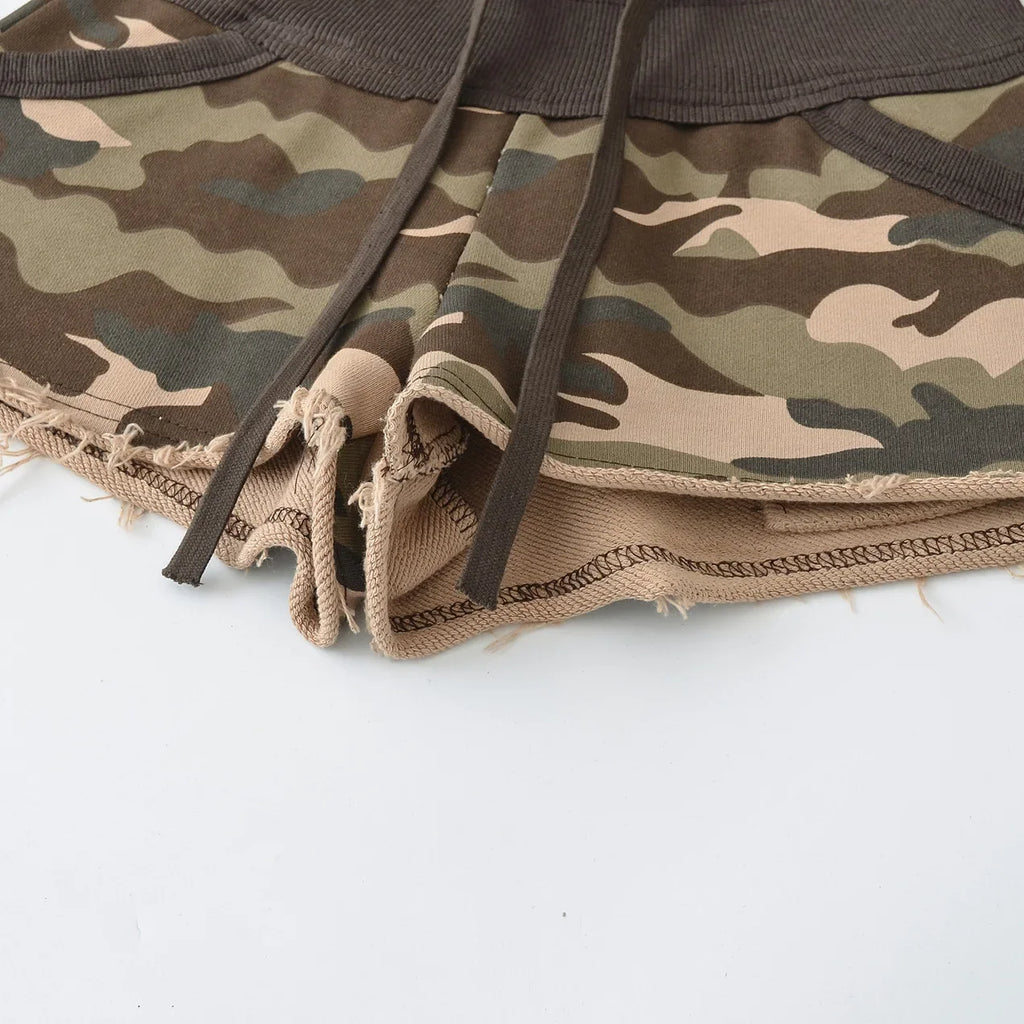 New American Style Camouflage Shorts Washed Frayed Drawstring Elastic Waist Patchwork Sexy Bodycon Hot Pants Shorts Elegant IHOH