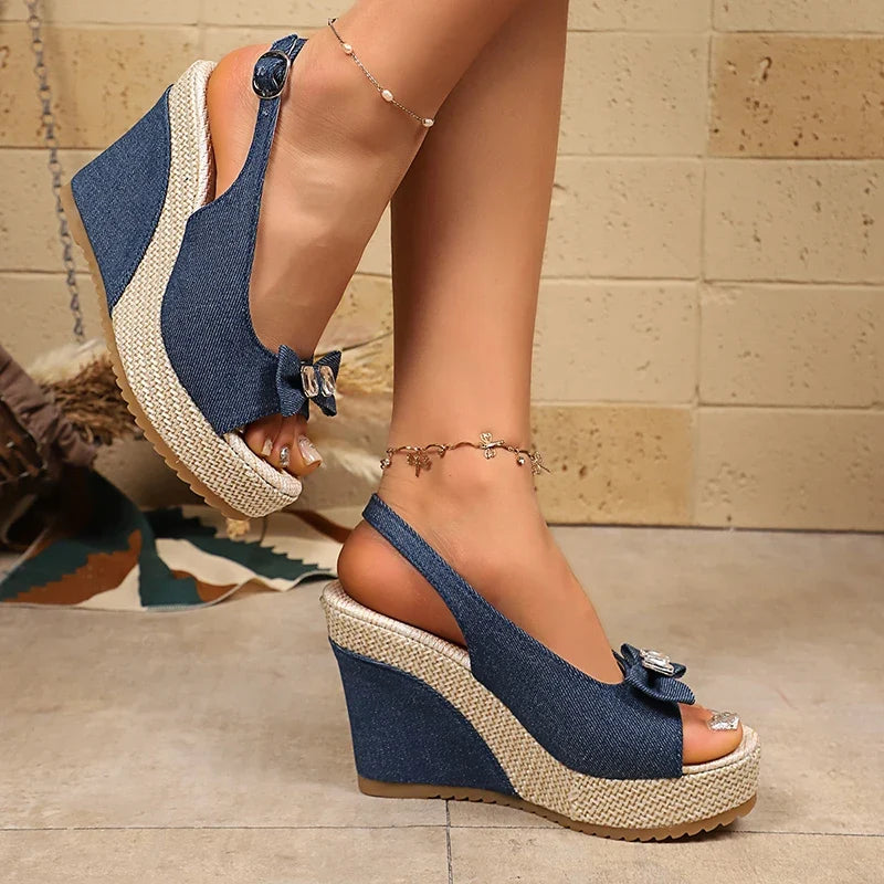 Retro Denim Wedge Heeled Sandals Women Plus Size 43 Bowknot Chunky Platform Sandalias Mujer Back Strap Thick Sole Summer Sandles
