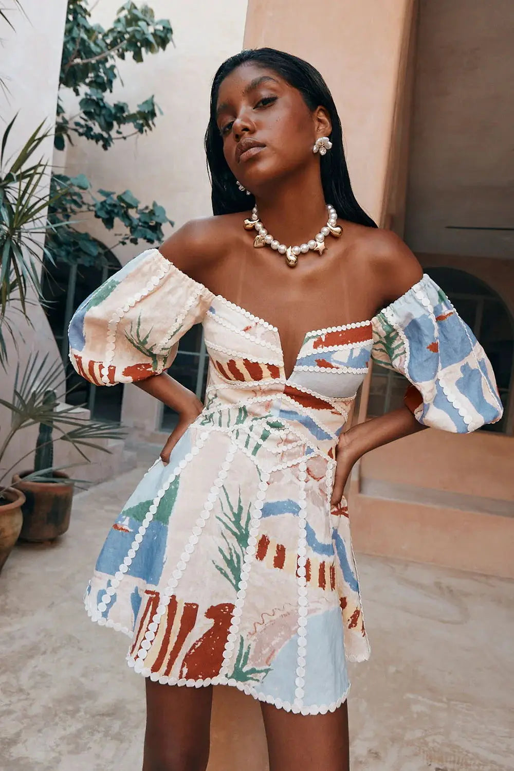 Women Vintage Print Patchwork Mini Dress Summer Sexy Fashion Elegant Short Sleeve Bodycon Off Shoulder Backless Party Dresses