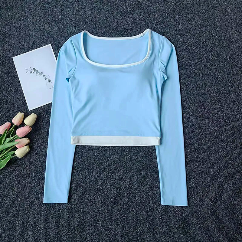 Autumn New Contrasting Yoga Suit for Women with Chest Pad Top Slim and Slim Pilates Running Sports Fitness Long Sleeves Shirts