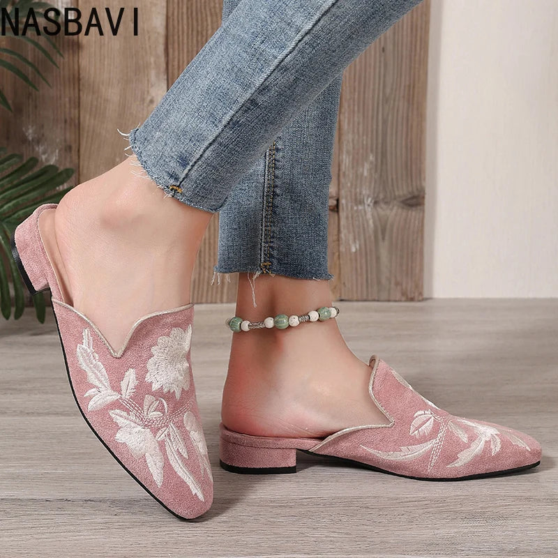 NASBAVI Fashion 3d Embroidery Mules Women Fur Slippers Velvet Shoes Ladies Low Heel Flower Decoration Sandals Women's Flip Flops
