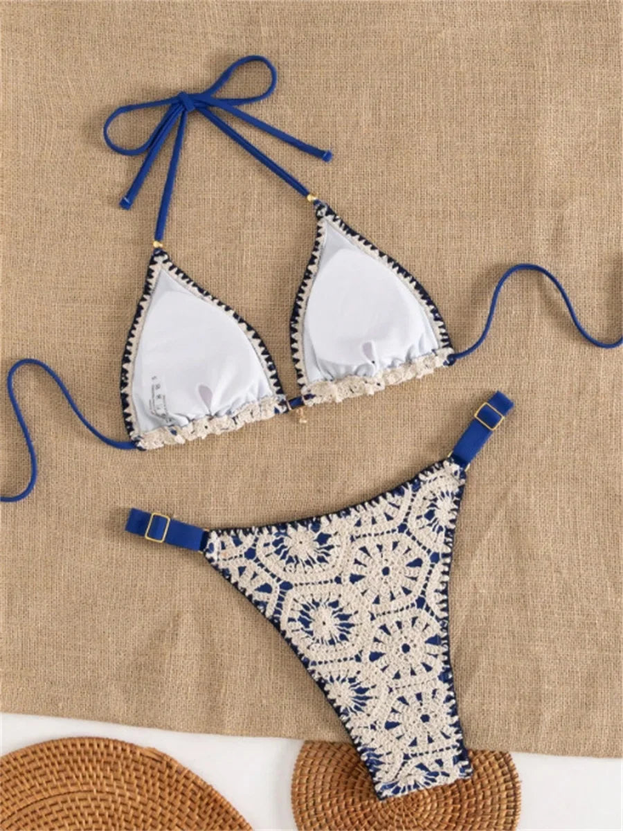 Sexy Blue Patchwork Knitted Bikini Set Women Halter Push Up Bra Thong Swimsuit 2026 Summer Bathing Suit Two Piece Swimwear