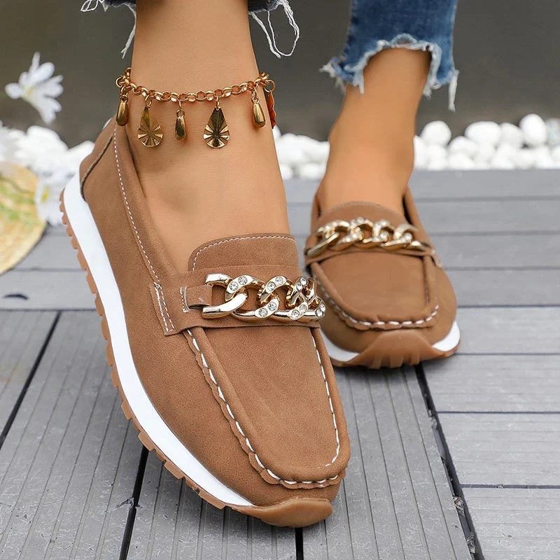 Fashion Metal Chain Soft Sole Flats Shoes Women Spring Autumn Pu Leather Platform Loafers Woman Slip On Non Slip Casual Shoes