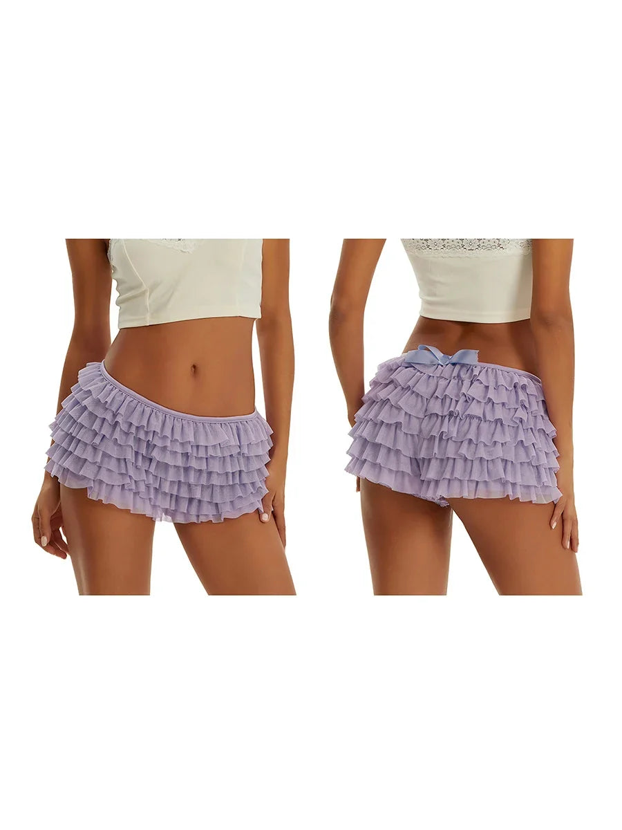 Solid Color Multi-Layer Mesh Short Pants Sweet Cute Bloomers Women Summer Ruffled Frilly Shorts