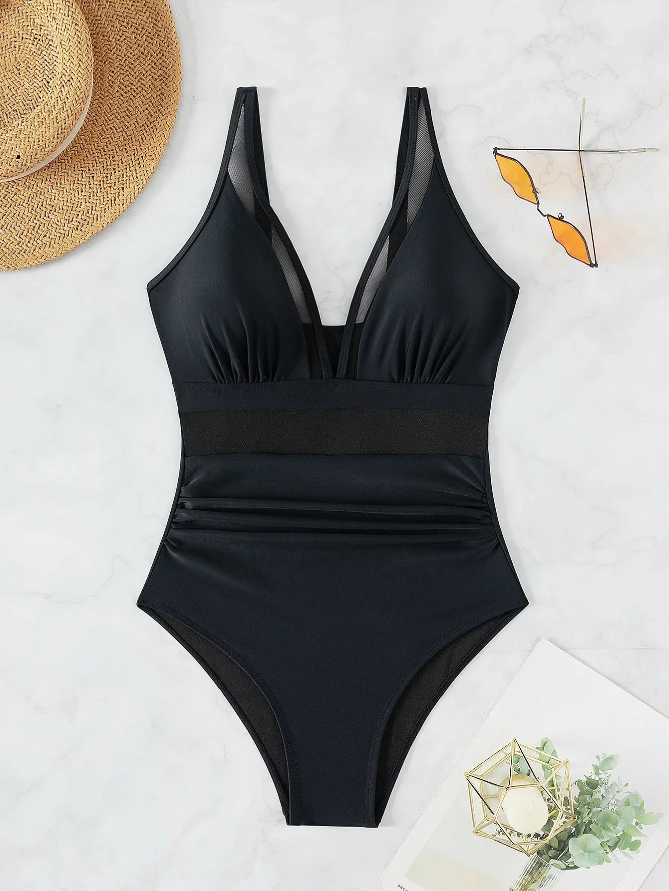Solid Color One Piece Bikini for Women,sexy Deep-V Neck Suspender Backless Swimsuit,high Waist Translucent Striped Mesh Swimwear