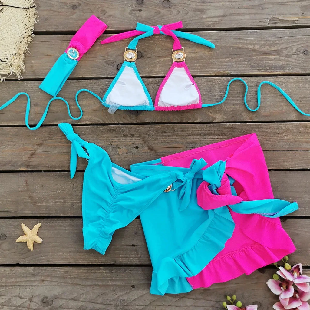 Sexy Skirt 4 Pieces Bikini Set Women Luxury Blue Patchwork Rhinestone Push Up Cover Up Swimsuit 2024 Beach Bathing Suit Swimwear