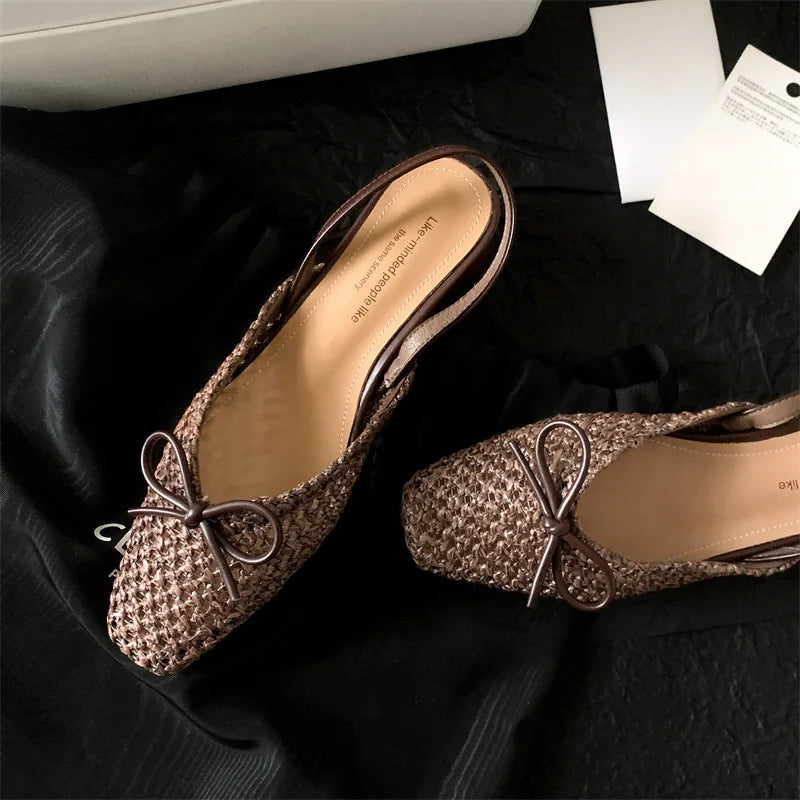Woven Bow Back Strap Design Sandals Women's Summer New Square Head Shallow Mouth Single Shoe Comfortable Elegant Cool Pumps