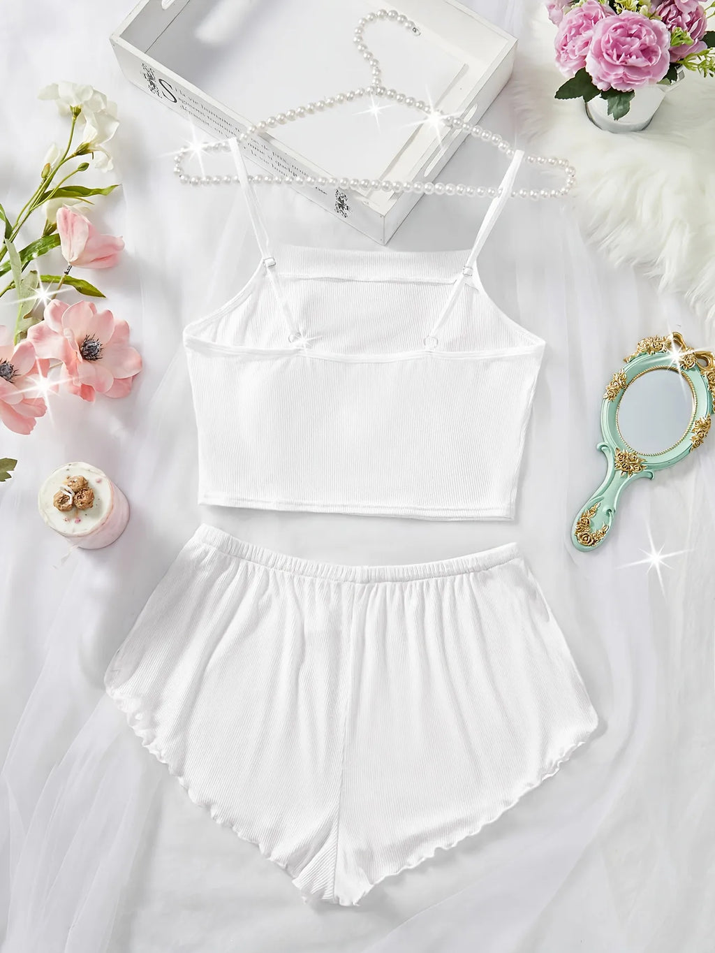 Women's Pajama Set Solid Color Camisole Crop Top and Ruffle Shorts, Sleeveless Soft Sleepwear, Summer Loungewear Outfit