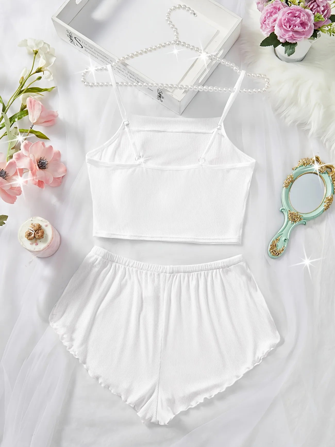Women's Pajama Set Solid Color Camisole Crop Top and Ruffle Shorts, Sleeveless Soft Sleepwear, Summer Loungewear Outfit