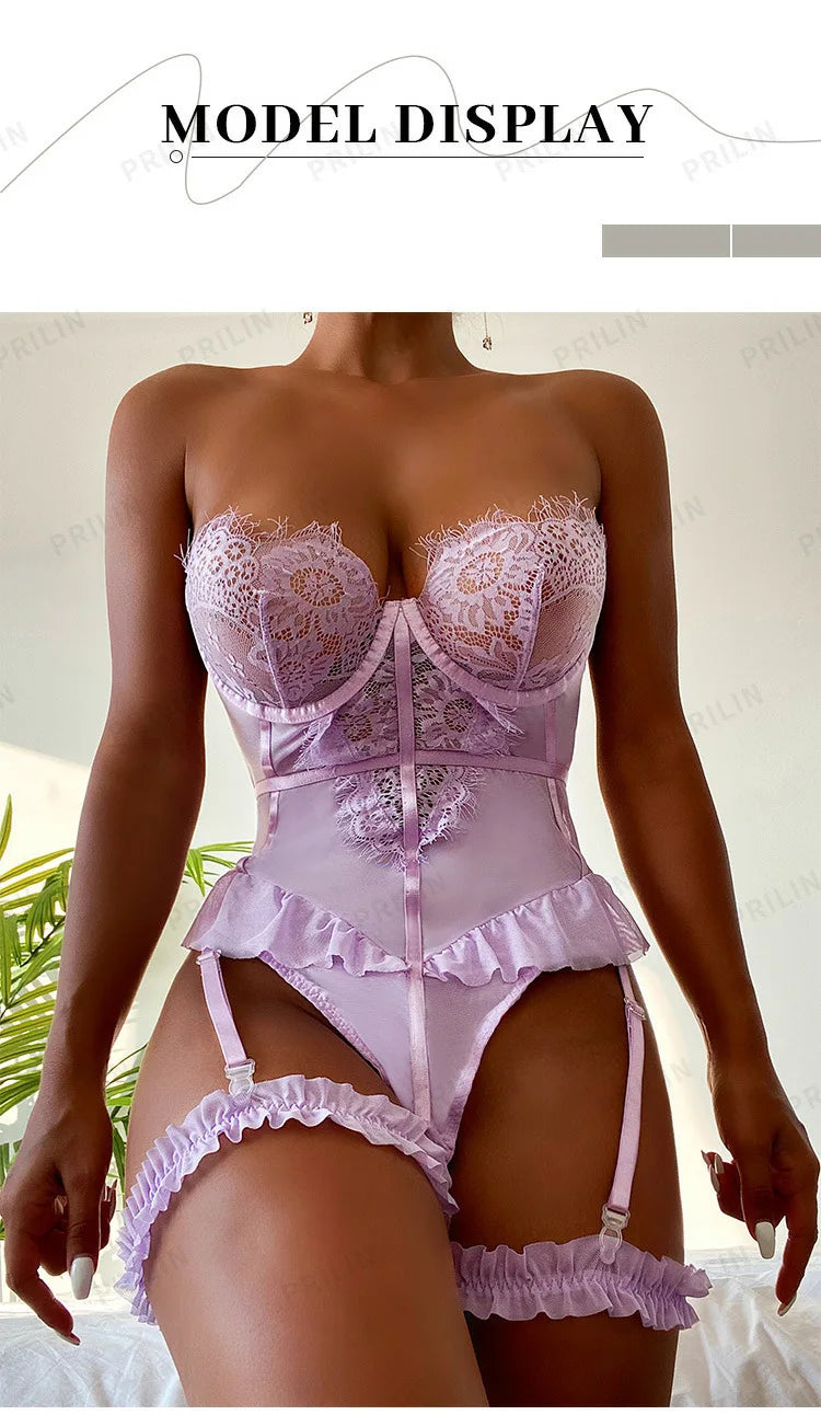 New Sexy Lace Mesh Solid Color Flower Bodysuits Backless Deep V Suspenders Sleeveless Bodysuits Charming Elegant Pure Desire 8FA