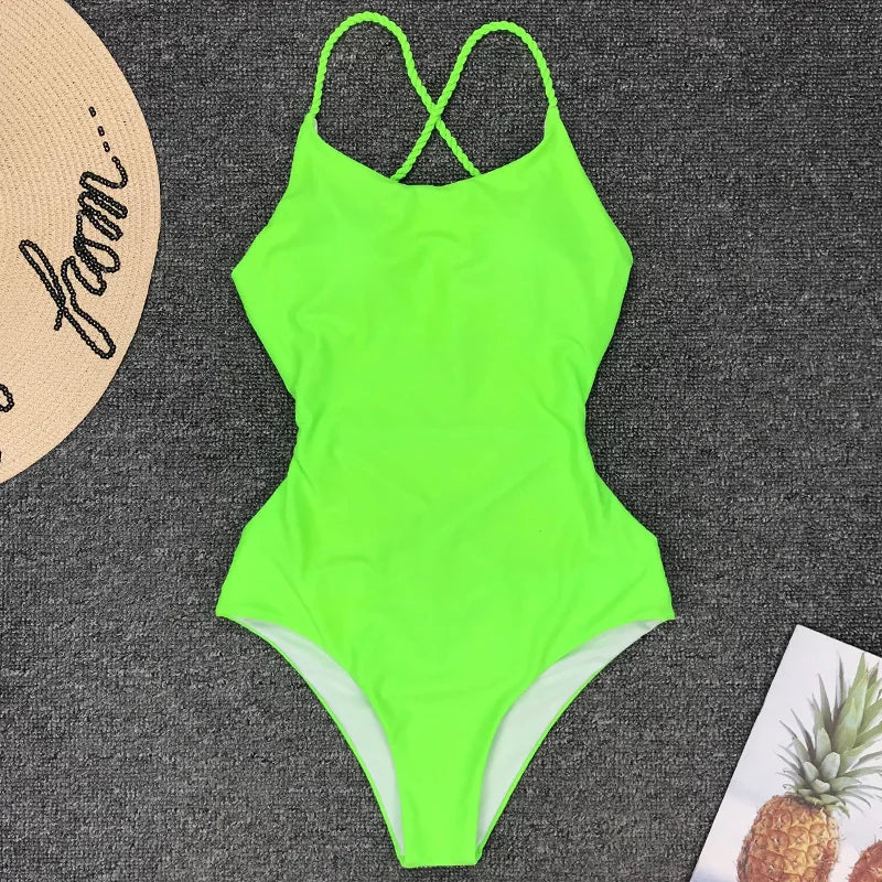 Criss Cross Backless Women Swimwear One Piece Swimsuit Female Monokini High Cut Leg Bather Bathing Suit Swim Beach Wear Lady