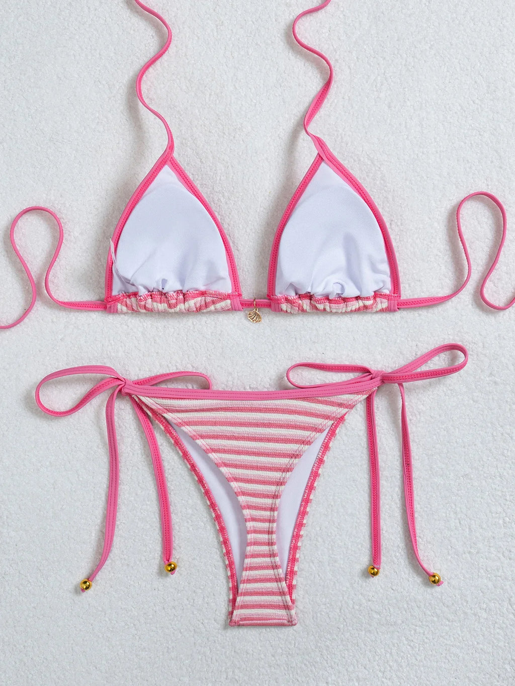 2026 Trendy String Bikini Set Triangle Top Side Tie Bottoms with Metallic Pendant  Solid Color Contrast Trim Women Swimwear