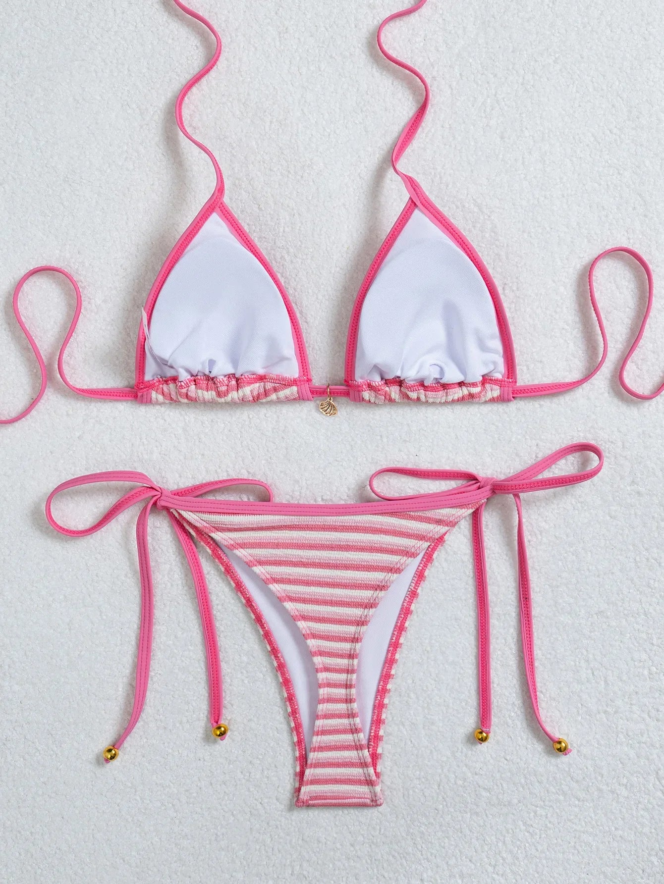 2026 Trendy String Bikini Set Triangle Top Side Tie Bottoms with Metallic Pendant  Solid Color Contrast Trim Women Swimwear