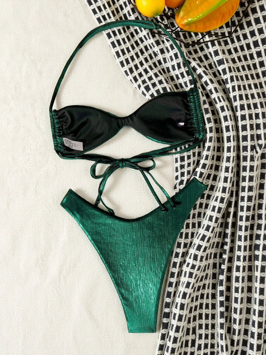 sexy metallic green glitter beads halter bikinis sets two pieces women micro thong swimsuit female bathing suit swimwear biquini