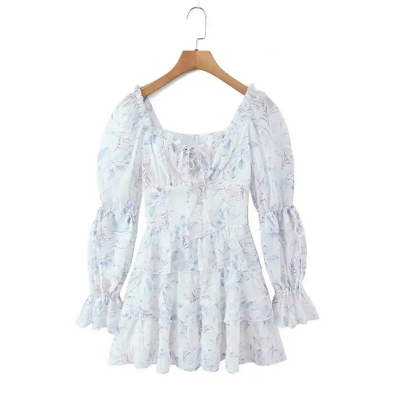 Sweet Long-sleeve Dress For Women Pleated Printed Short Women White Floral Print Mini Dress Long Puff Sleeve For Beach 96U3