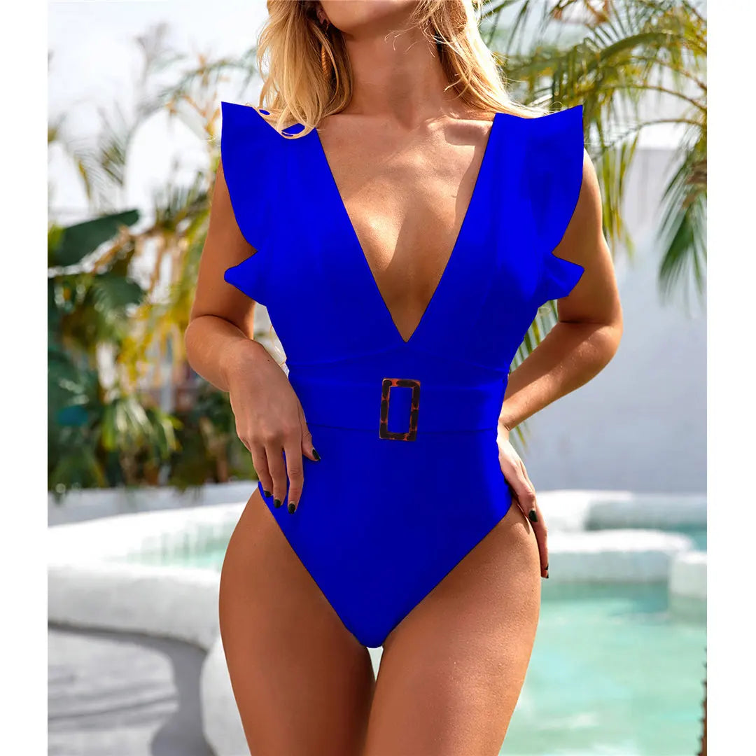 New Sexy Ruffled White Deep V One Piece Swimsuit Women Swimwear Female With Belt Monokini Bather Bathing Suit Swim Lady V2198