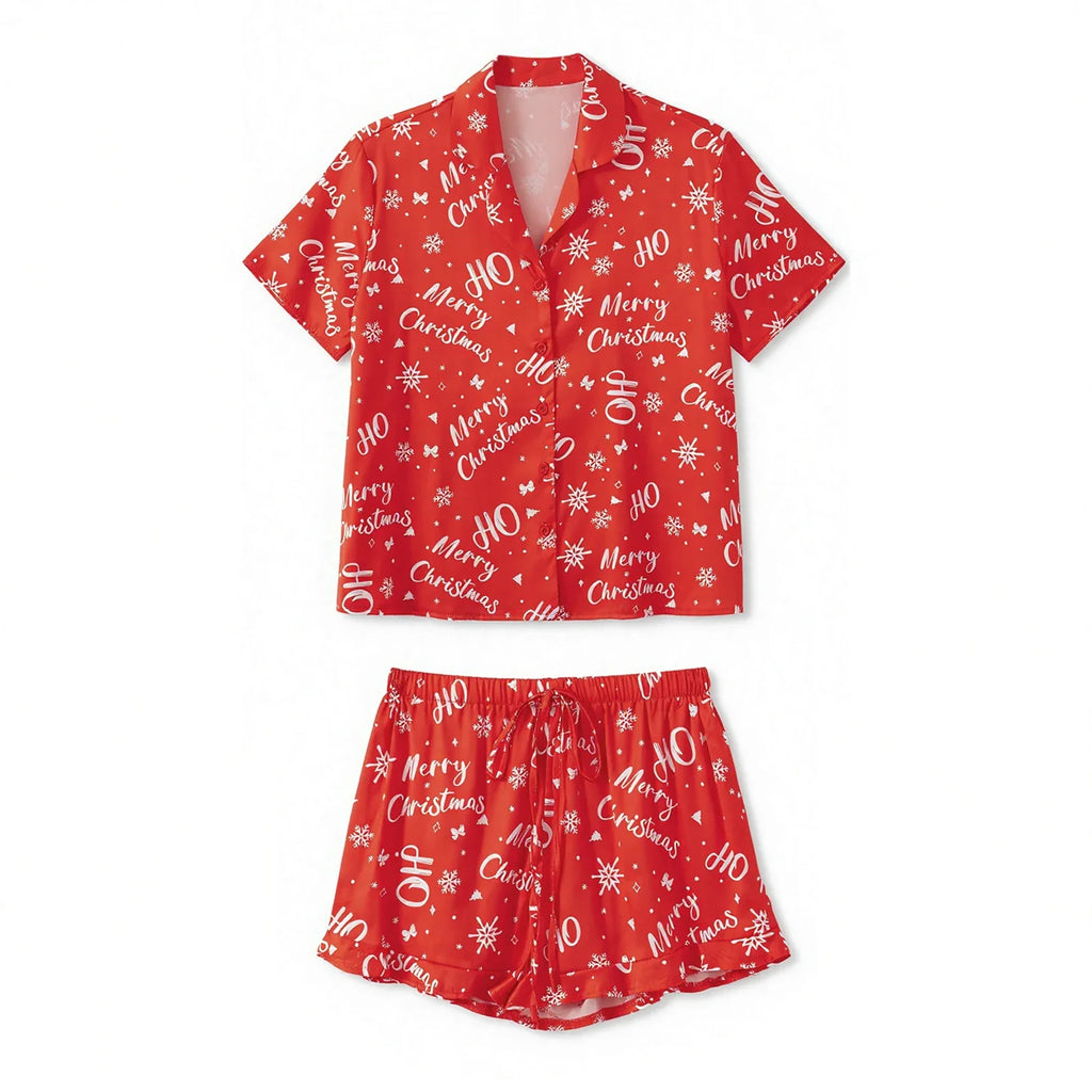 Women's Christmas 2 Pieces Lounge Set Short Sleeve Lapel Pumpkin Print Shirt Shorts Satin Sleepwear
