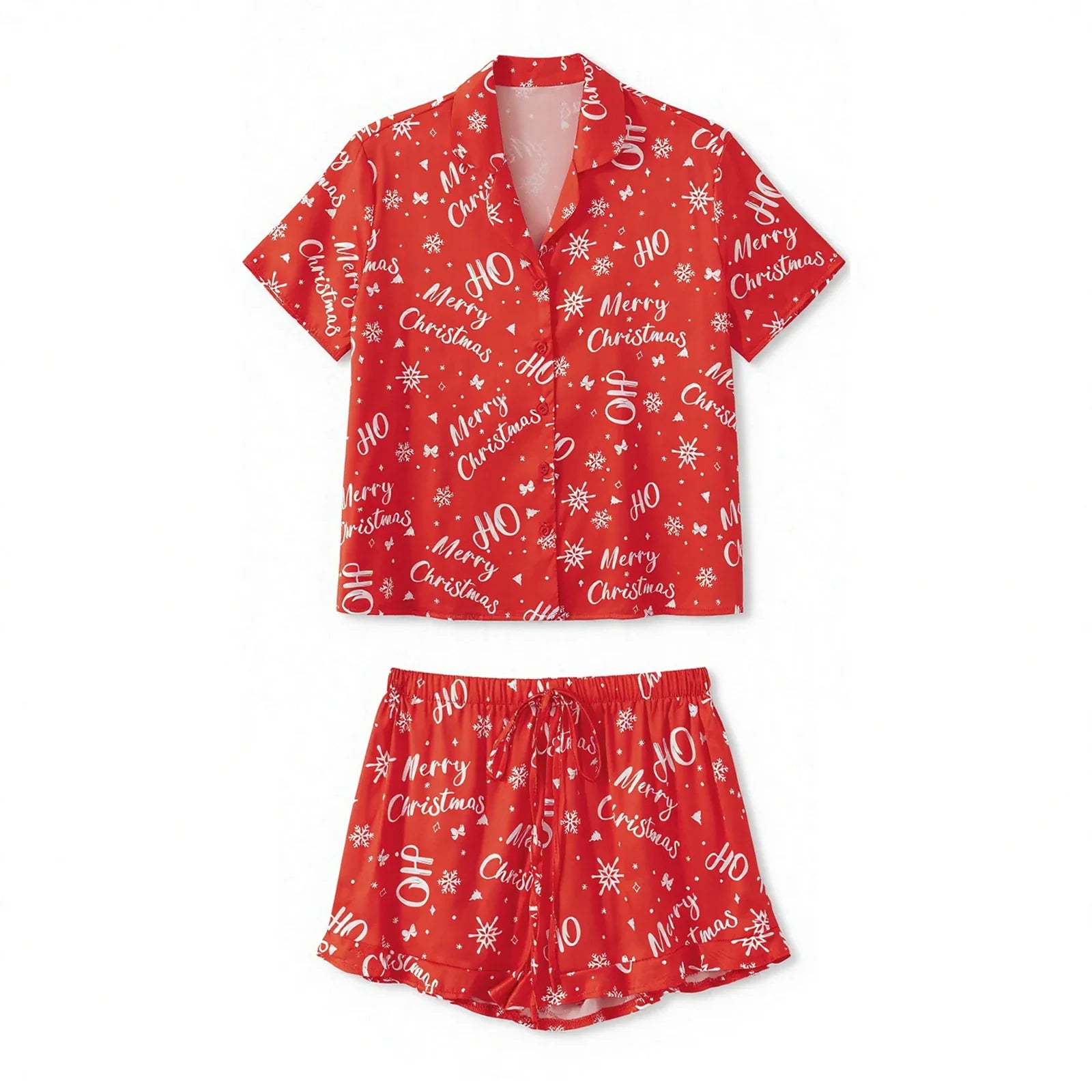 Women's Christmas 2 Pieces Lounge Set Short Sleeve Lapel Pumpkin Print Shirt Shorts Satin Sleepwear