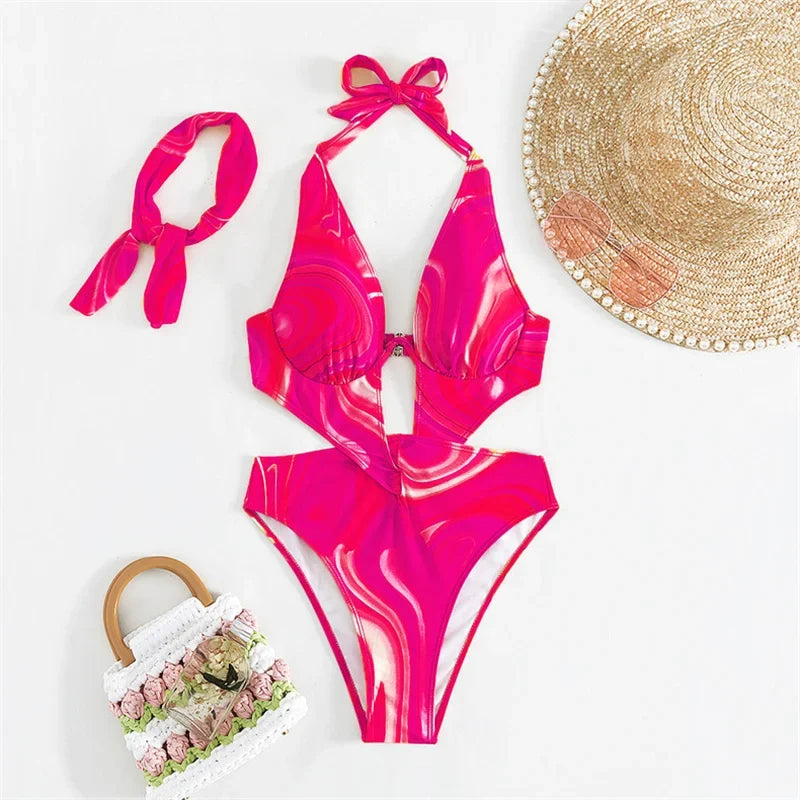 Orange Tie Dye Gradient One Piece Swimsuit 2025 Women Hollow Out Underwire Backless Monokini Beach Bathing Suit Band Swimwear