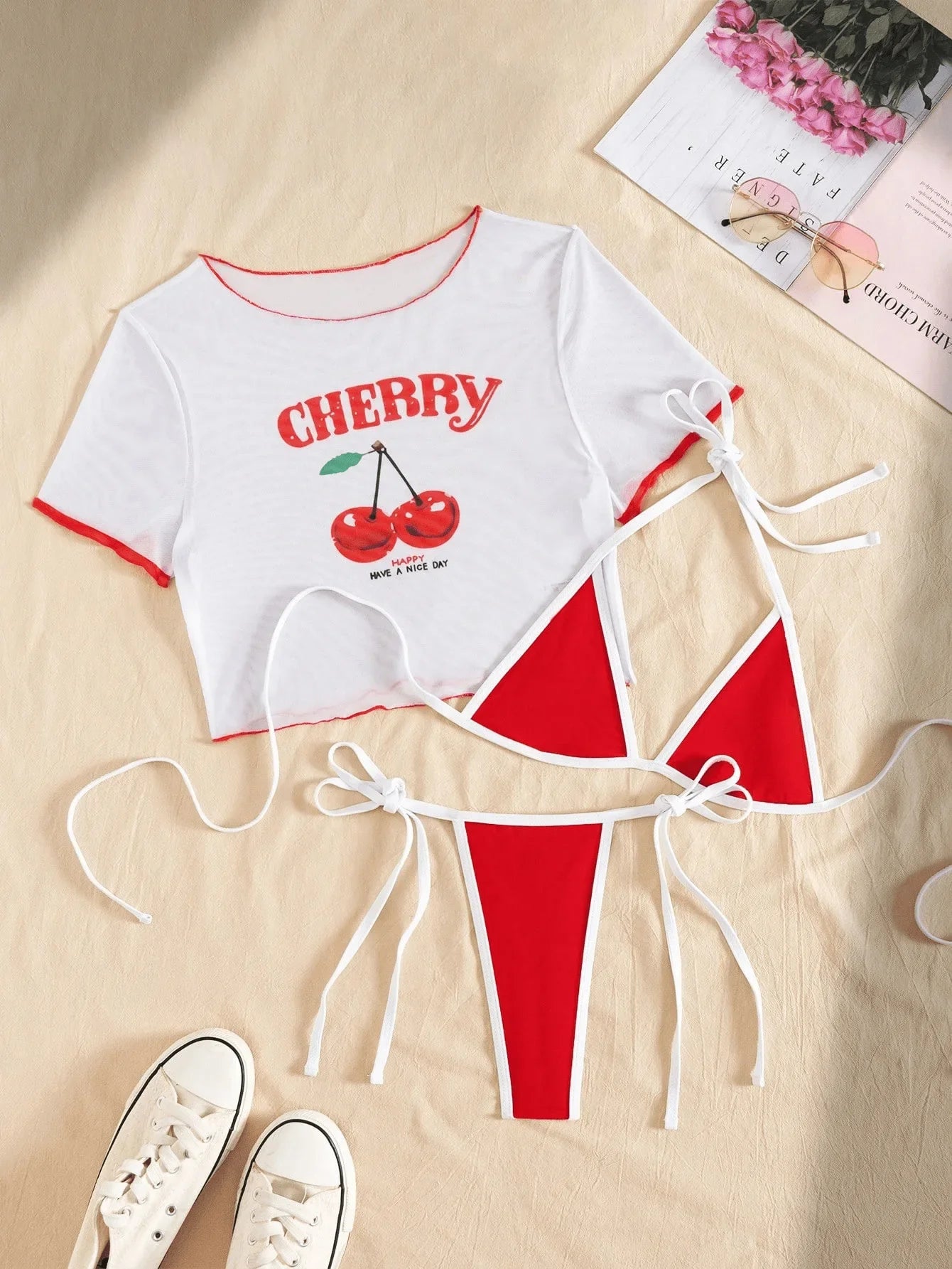 Cherry Print Mesh Short Sleeve Bikini Female Swimsuit Women Swimwear Three-pieces Bikini Set Micro Bathing Suit Swim Beachwear