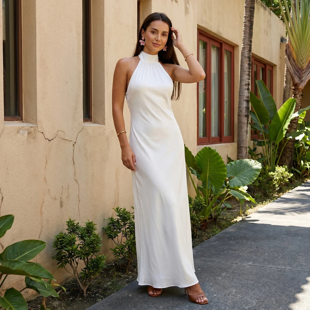 Women Summer Sexy Long Dress Sleeveless Halterneck Backless Solid Color Cocktail Dresses for Party