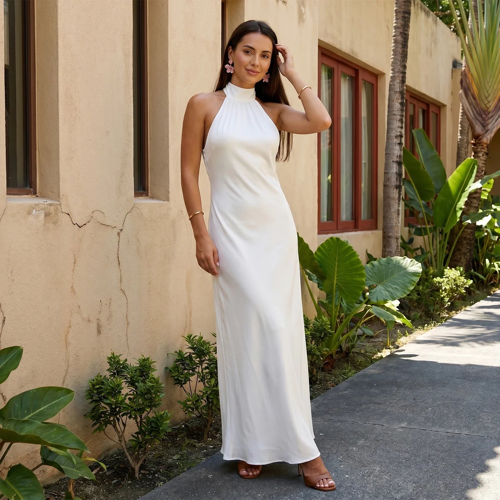 Women Summer Sexy Long Dress Sleeveless Halterneck Backless Solid Color Cocktail Dresses for Party