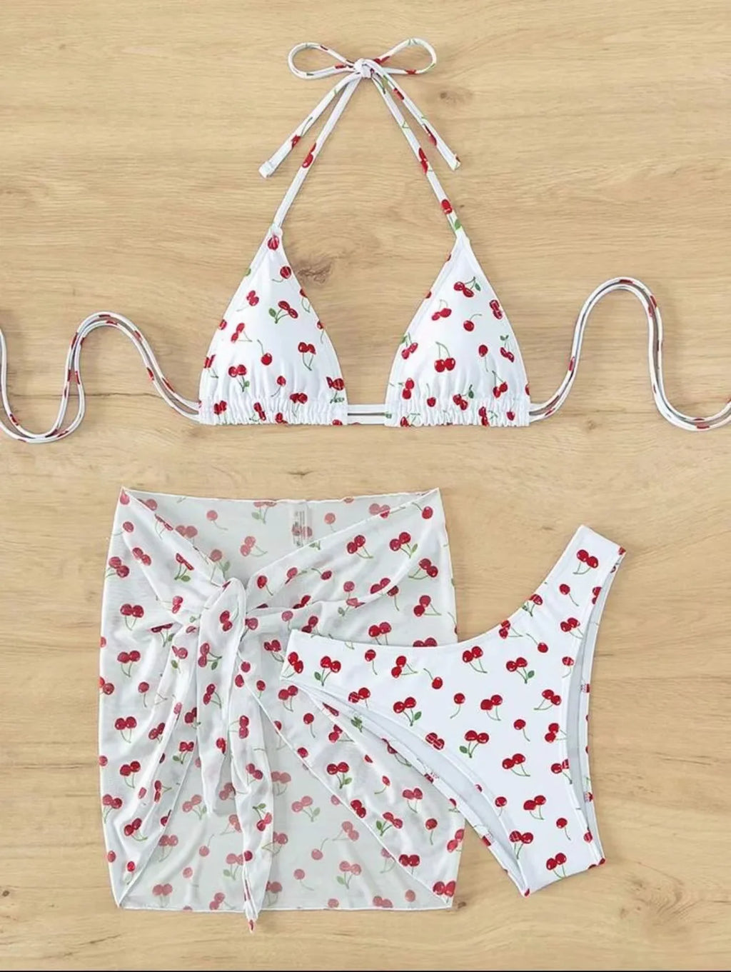 Women French Chic Cherry Print Bikini Sets Three Pieces with Mesh Skirt Swimsuit Swimwear Bathing Suit Beach Outfits Biquini