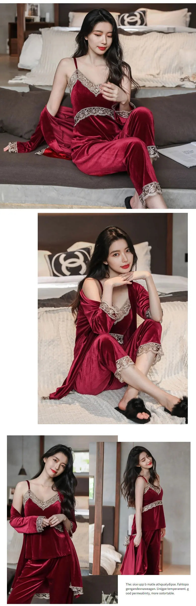 Women's Autumn Winter Golden Velvet Pajamas Set - Sexy Lace Suspender 3-Piece Loungewear with Breast Pads