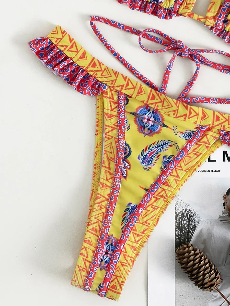 Floral Print Halter Ruffle Frilled Bikini Women Thong Swimwear Female Swimsuit Two-pieces Bikini Set Bathing Suit Swim Beachwear
