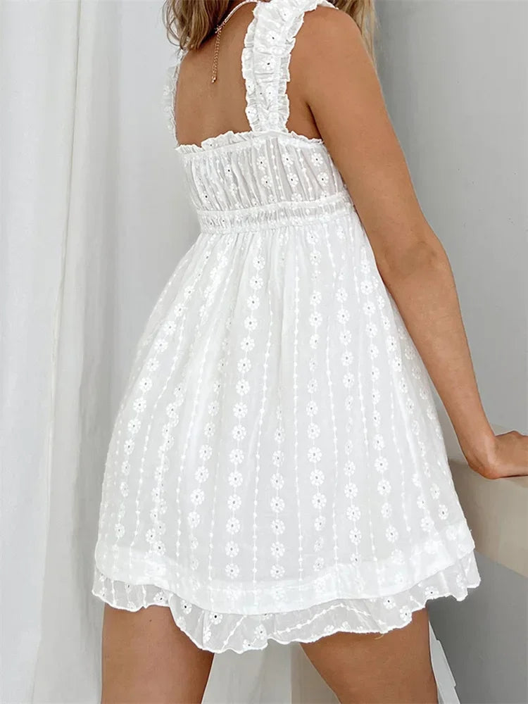 Women Summer Sleeveless Dress Floral Embroidery Hollow Loose A-line Dress for Party Beach Club Streetwear