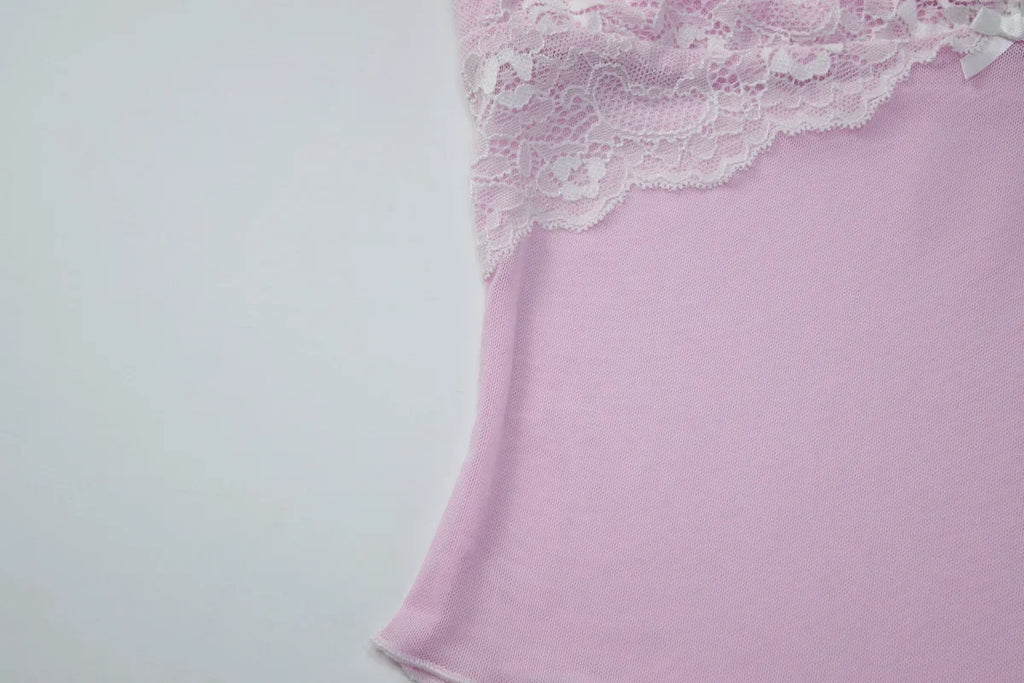 FDYOUI Y2K Pink Camisoles Women Sexy V-neck Lace Patchwork Tank Tops 2026 Summer Backless Sleeveless Corset T-shirt Streetwear